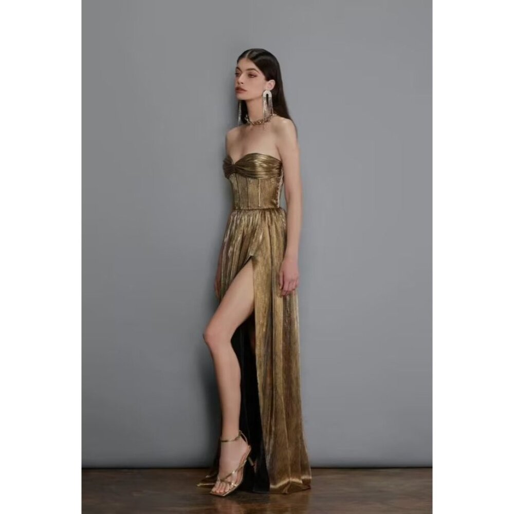 Bronx and Banco Metallic Gold Strapless Pleated Gown - Picture 13 of 16